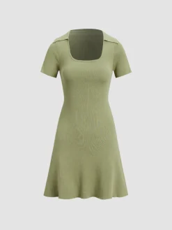 COMMENSE Collared Ribbed Square Neck Short Dress* Casual Dresses|Work Dresses