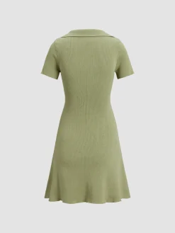 COMMENSE Collared Ribbed Square Neck Short Dress* Casual Dresses|Work Dresses
