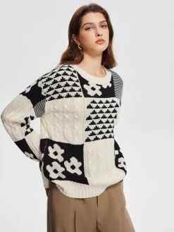 COMMENSE Color Block Cable-Knit Warm Sweater* Sweater Tops|Sweaters & Cardigans