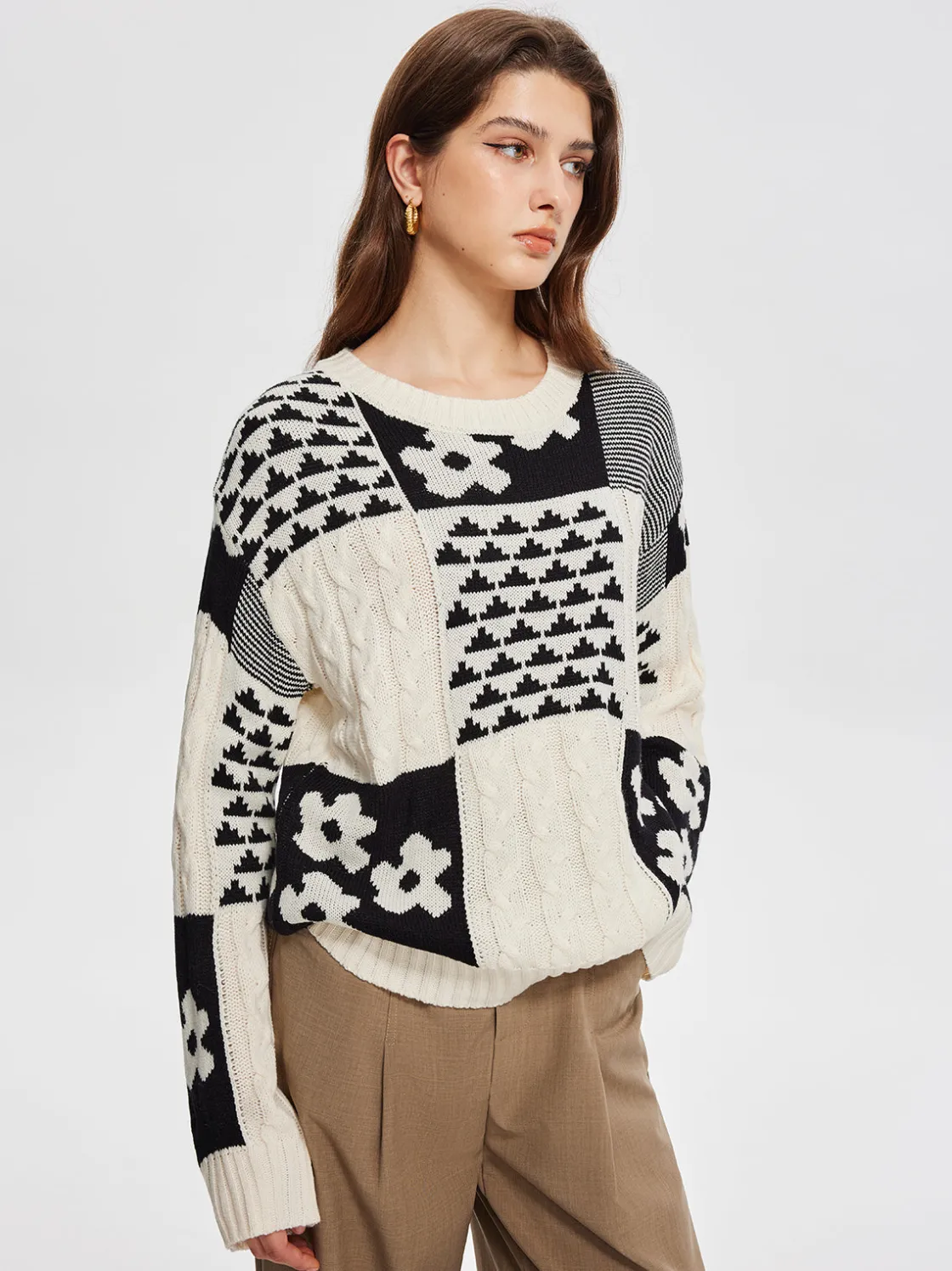 COMMENSE Color Block Cable-Knit Warm Sweater* Sweater Tops|Sweaters & Cardigans