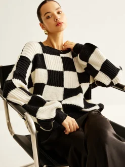 COMMENSE Color Block Checkerboard Sweater* Sweater Tops|Sweaters & Cardigans