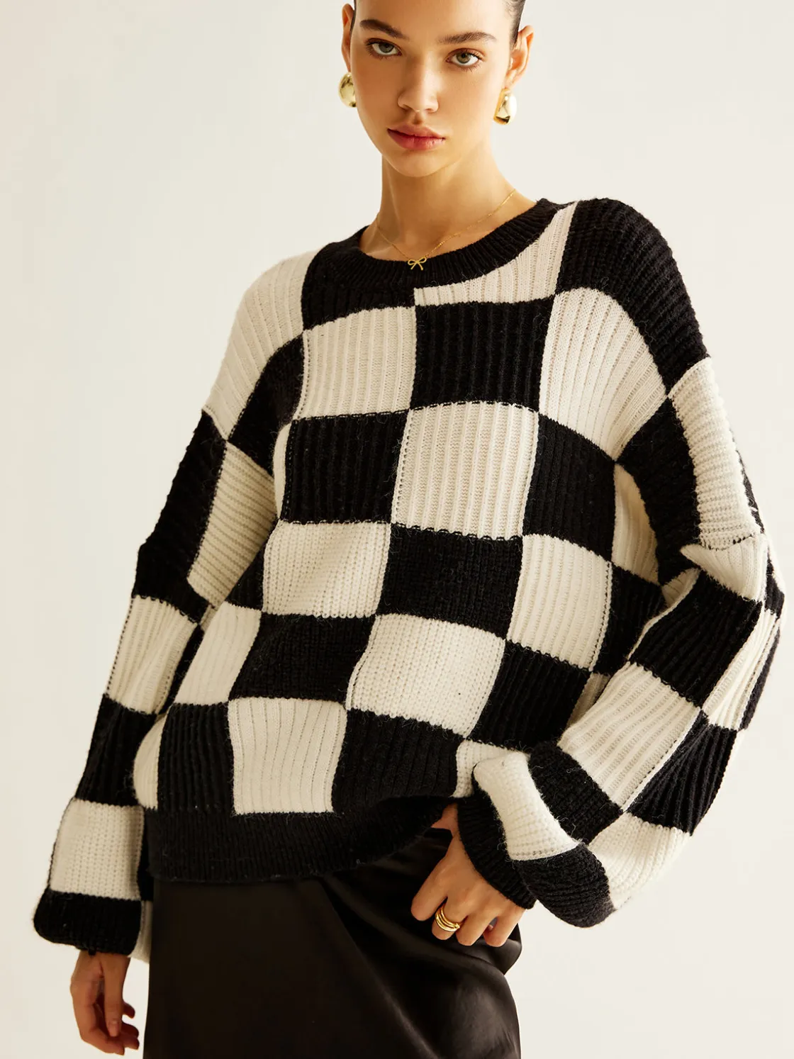 COMMENSE Color Block Checkerboard Sweater* Sweater Tops|Sweaters & Cardigans