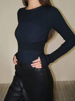 COMMENSE Color block Crew Neck Knit Top* Sweater Tops|Sweaters & Cardigans