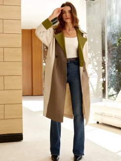 COMMENSE Color Block Faux Leather Trench Coat* Outerwear|Tops