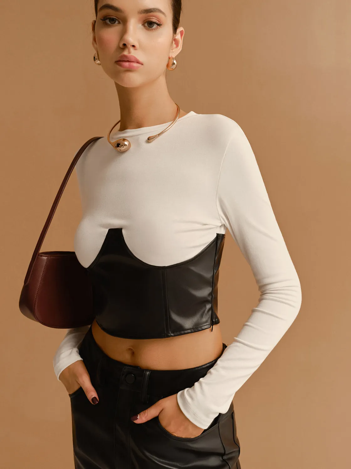 COMMENSE Color Block Faux Leather Crop Blouse* Crop Tops|Blouses & Shirts