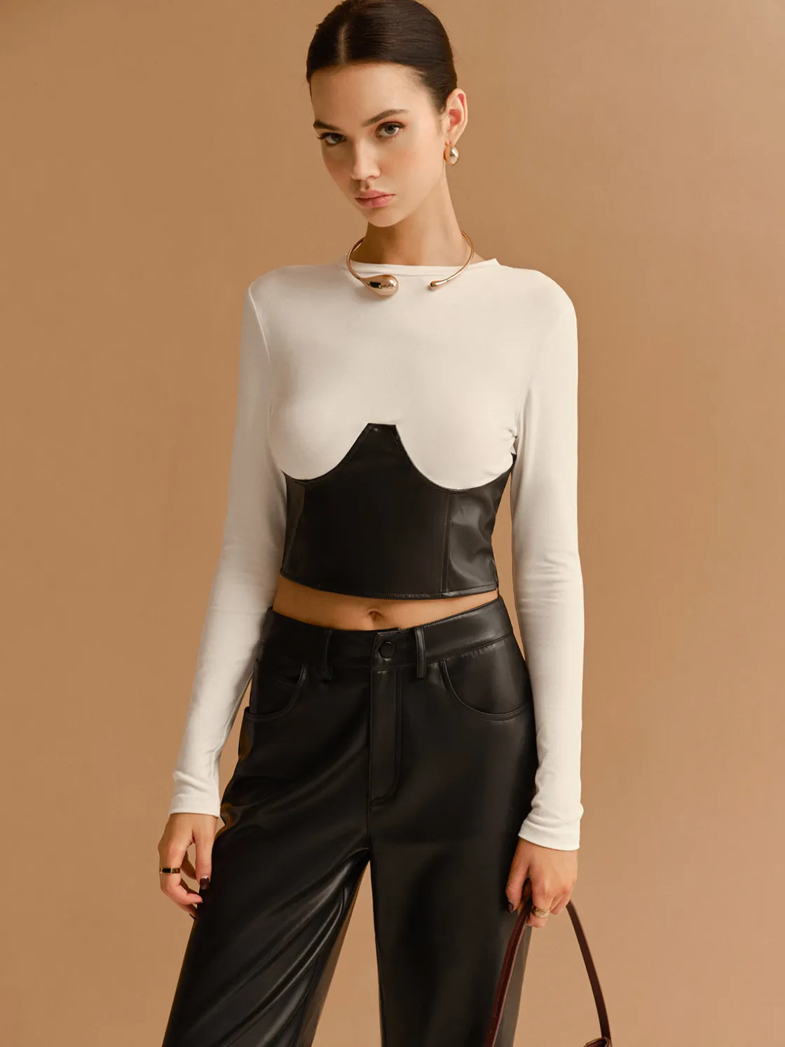 COMMENSE Color Block Faux Leather Crop Blouse* Crop Tops|Blouses & Shirts