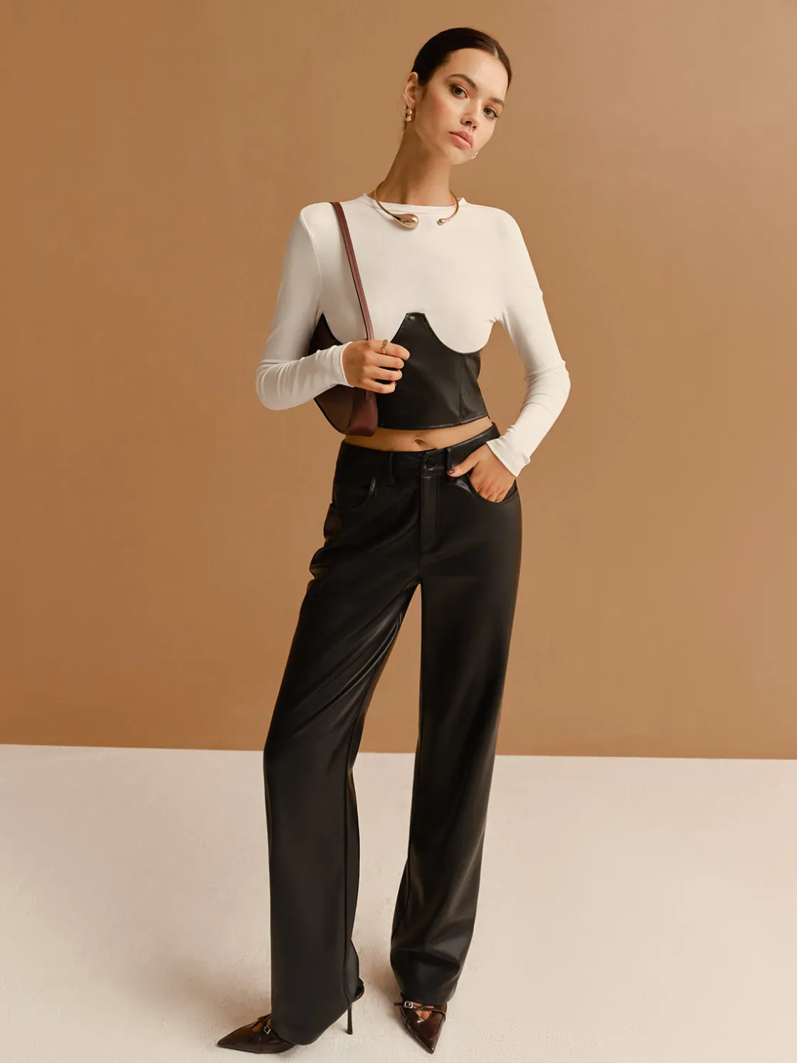 COMMENSE Color Block Faux Leather Crop Blouse* Crop Tops|Blouses & Shirts