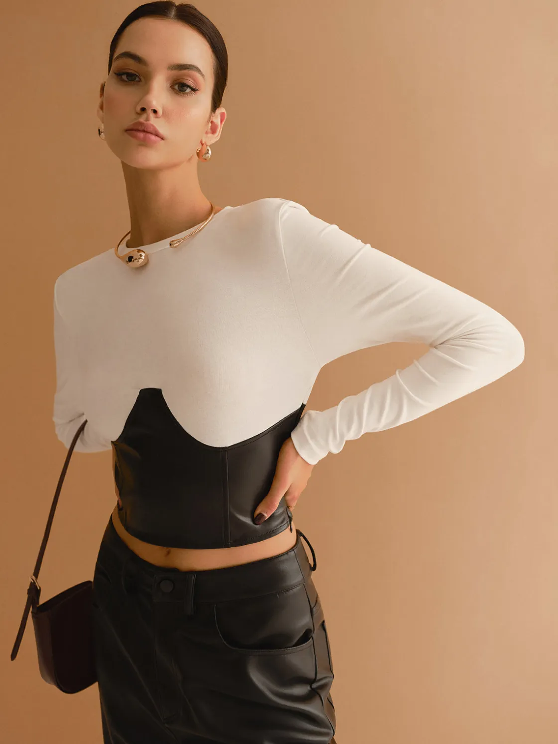 COMMENSE Color Block Faux Leather Crop Blouse* Crop Tops|Blouses & Shirts