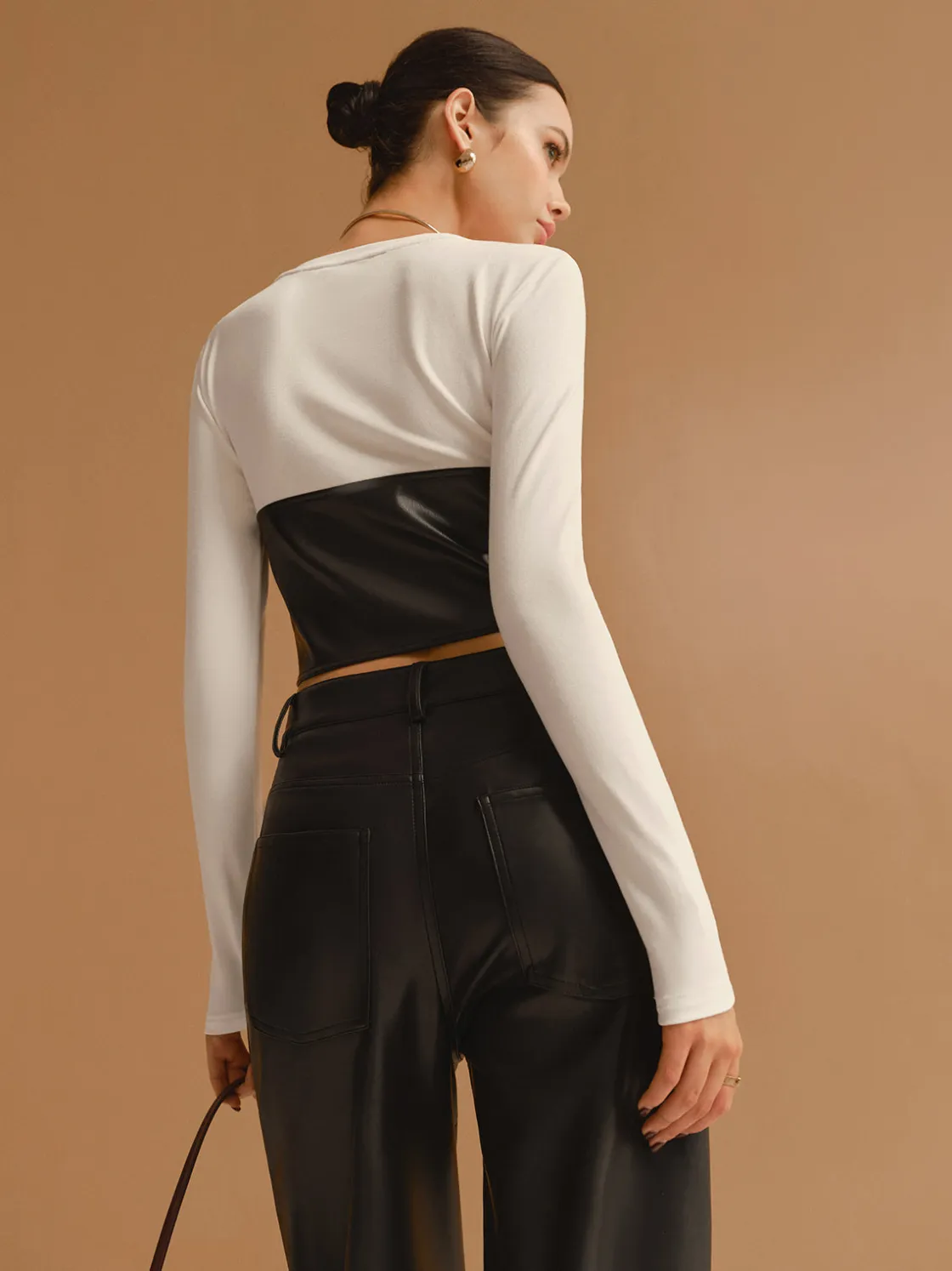 COMMENSE Color Block Faux Leather Crop Blouse* Crop Tops|Blouses & Shirts