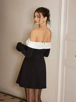 COMMENSE Color Block Off-Shoulder Bell Sleeve Dress* Black Dresses|Casual Dresses