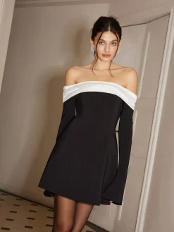 COMMENSE Color Block Off-Shoulder Bell Sleeve Dress* Casual Dresses|Work Dresses