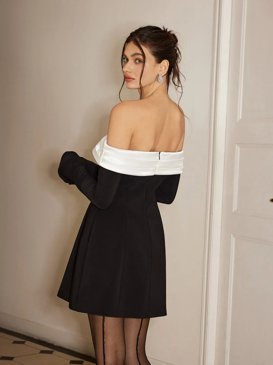 COMMENSE Color Block Off-Shoulder Bell Sleeve Dress* Casual Dresses|Work Dresses