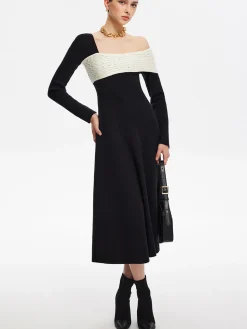 COMMENSE Color Block One-Shoulder Sweater Dress* Black Dresses|Sweater Dresses