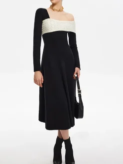COMMENSE Color Block One-Shoulder Sweater Dress* Black Dresses|Sweater Dresses