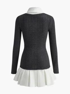 COMMENSE Color Block Panel Lapel Knit Dress* Sweater Dresses|Casual Dresses
