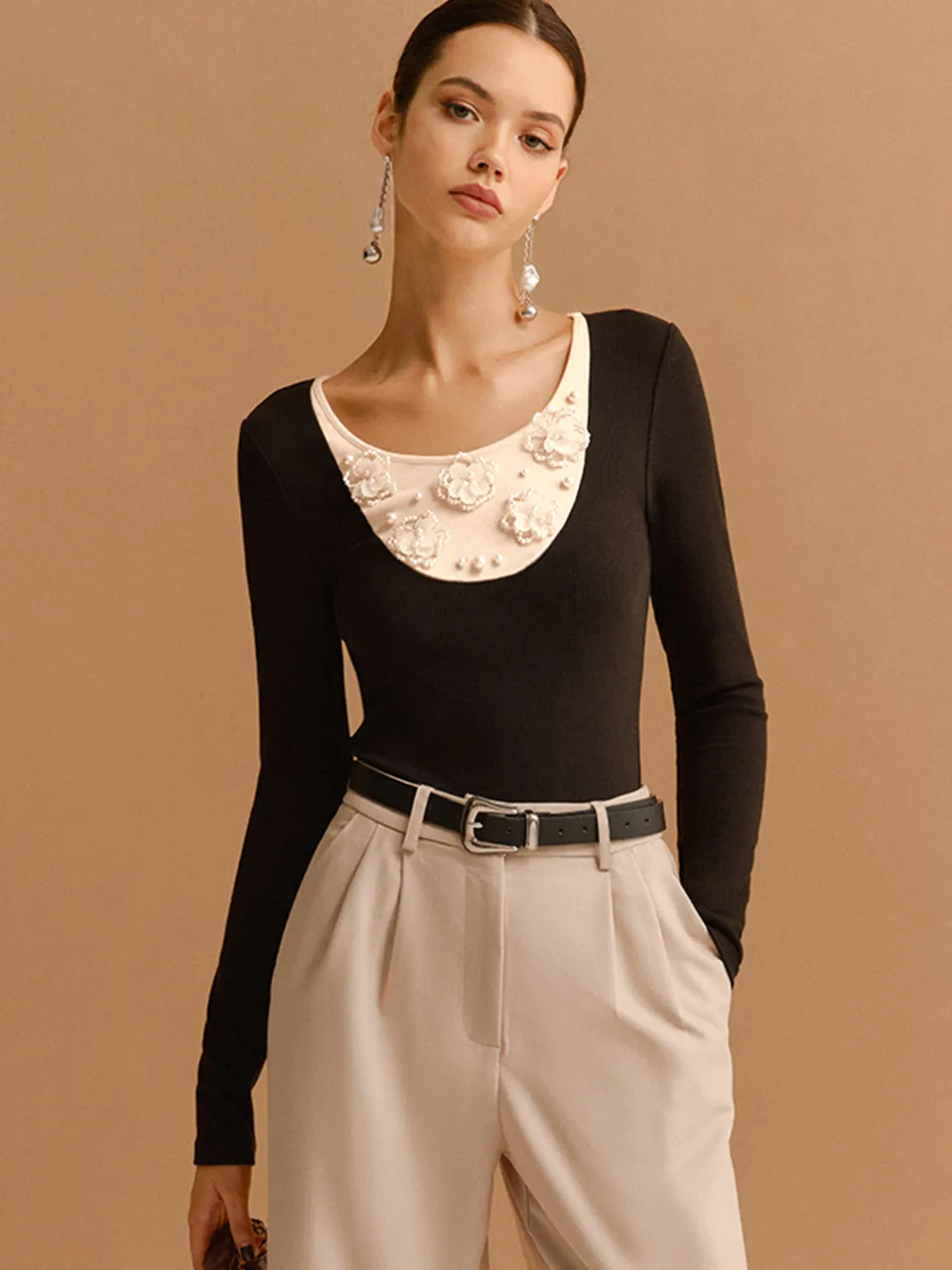 COMMENSE Color Block Pearl Floral Jersey Top* T-shirts|Tops