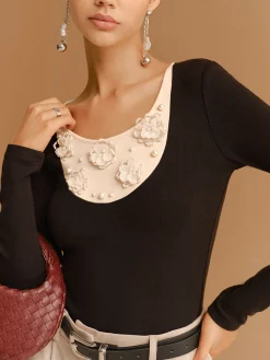 COMMENSE Color Block Pearl Floral Jersey Top* T-shirts|Tops