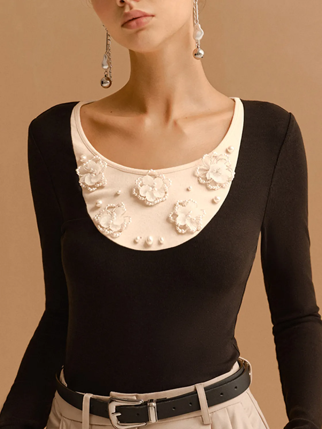 COMMENSE Color Block Pearl Floral Jersey Top* T-shirts|Tops