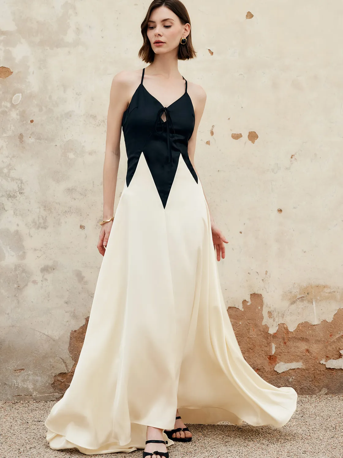 COMMENSE Color Block Pleated Cutout Cami Long Dress* Cocktail & Party Dresses|Summer Dresses
