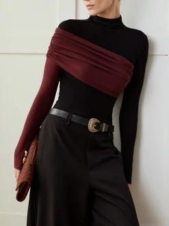 COMMENSE Color Block Pleated Jersey Slim Top* T-shirts|Tops