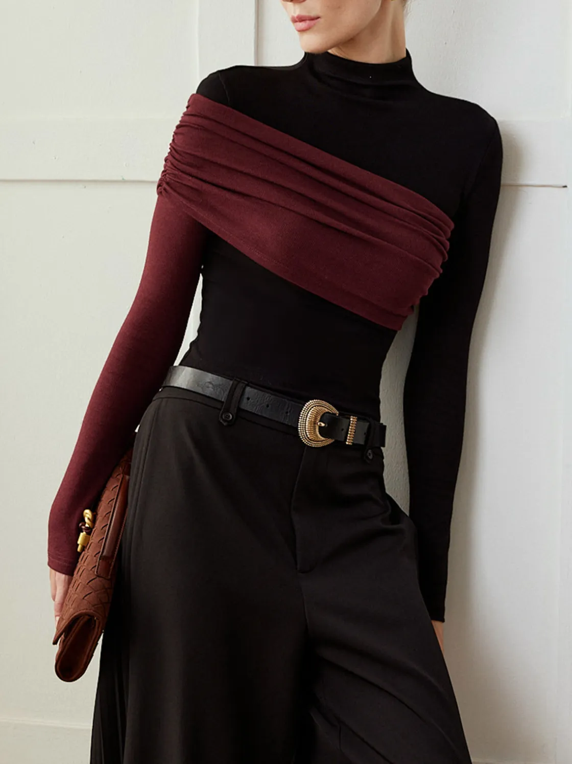 COMMENSE Color Block Pleated Jersey Slim Top* T-shirts|Tops