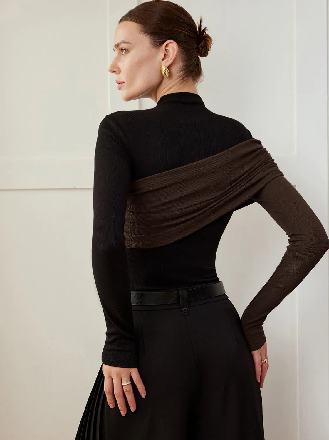 COMMENSE Color Block Pleated Jersey Slim Top* T-shirts|Tops