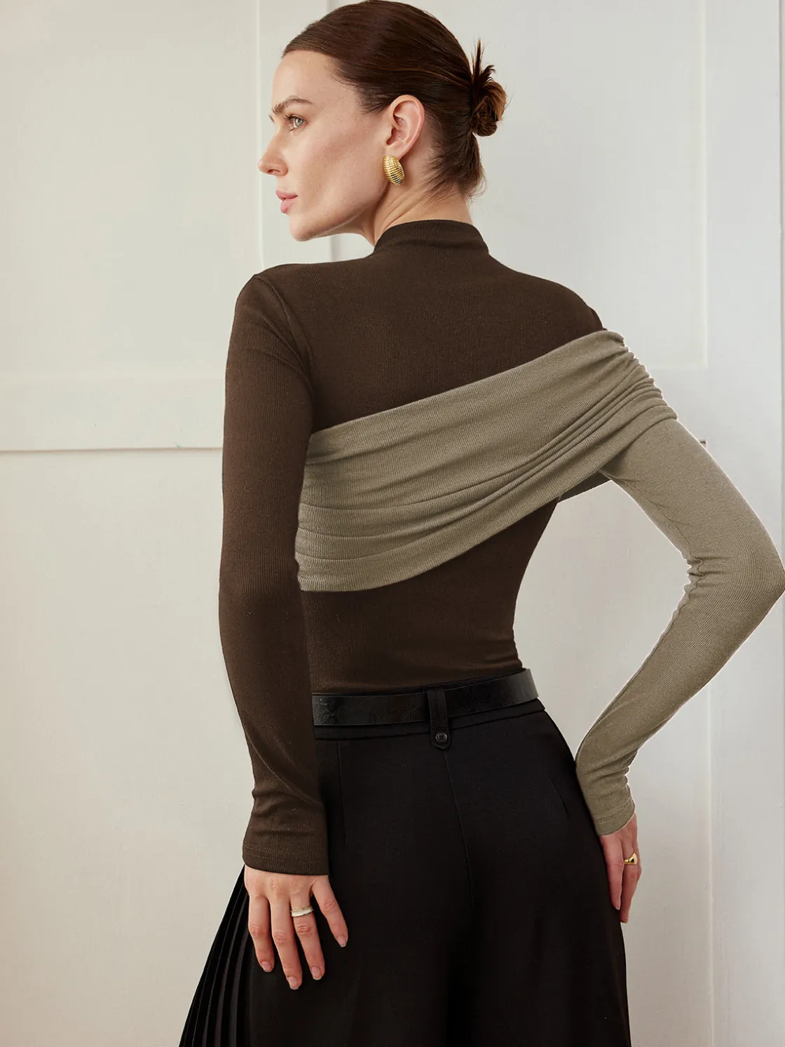COMMENSE Color Block Pleated Jersey Slim Top* T-shirts|Tops