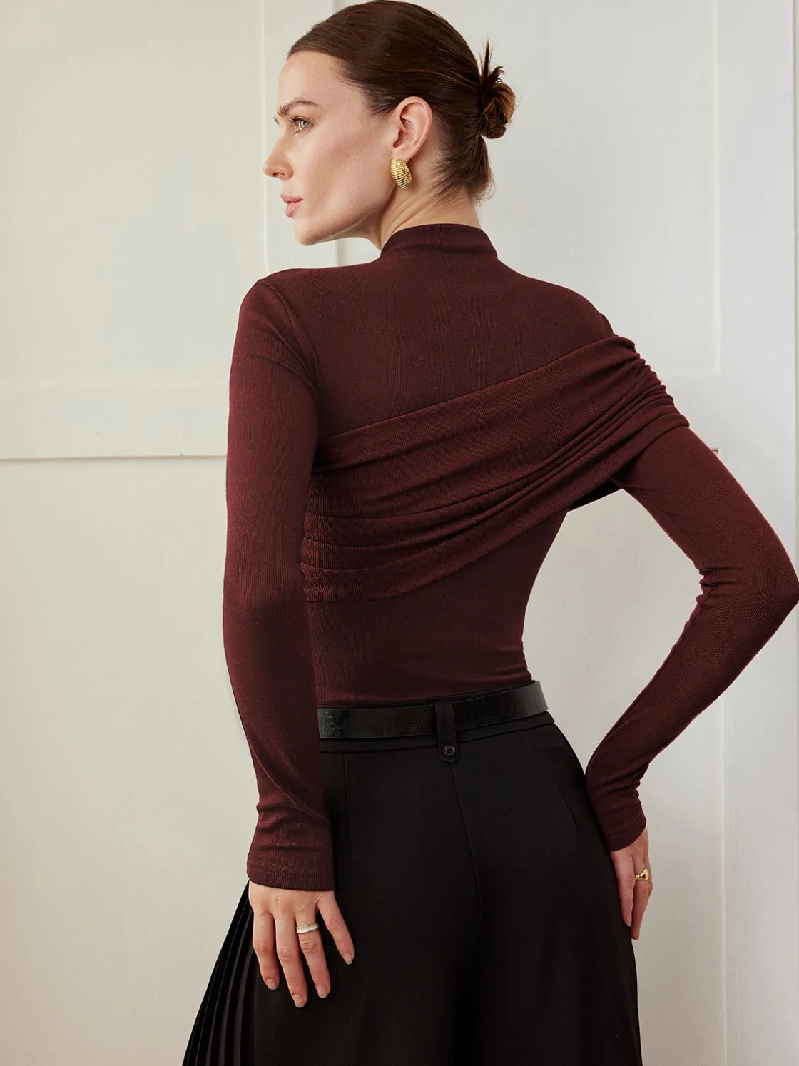 COMMENSE Color Block Pleated Jersey Slim Top* T-shirts|Tops