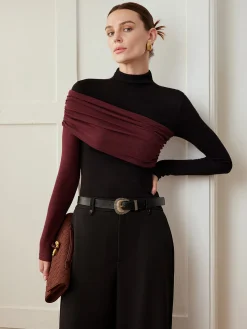 COMMENSE Color Block Pleated Jersey Slim Top* T-shirts|Tops
