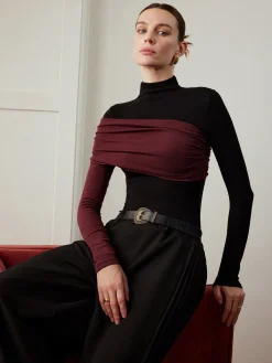COMMENSE Color Block Pleated Jersey Slim Top* T-shirts|Tops