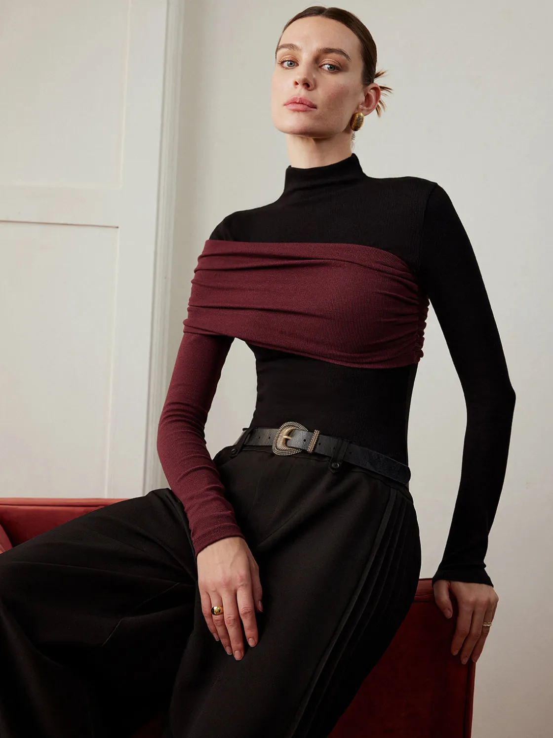 COMMENSE Color Block Pleated Jersey Slim Top* T-shirts|Tops