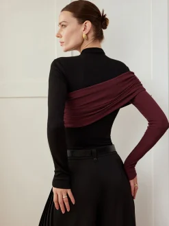 COMMENSE Color Block Pleated Jersey Slim Top* T-shirts|Tops