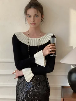 COMMENSE Color Block Pleated Knit Top* Sweater Tops|Sweaters & Cardigans