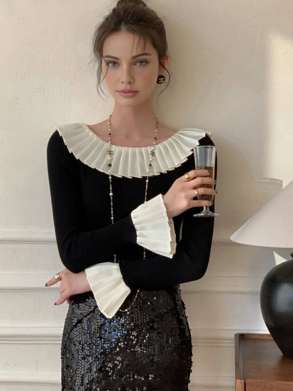 COMMENSE Color Block Pleated Knit Top* Sweater Tops|Sweaters & Cardigans