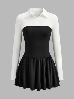 COMMENSE Color Block Pleated Panel Polo Dress* Dresses