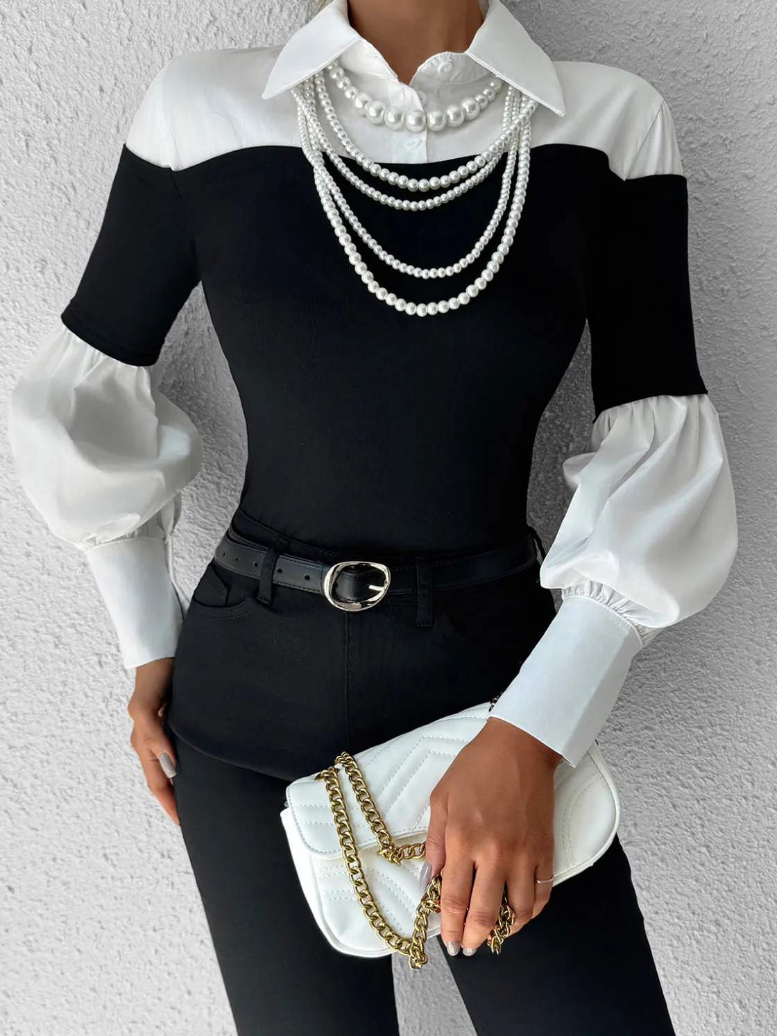 COMMENSE Color Block Skinny Lapel Top* T-shirts|Tops