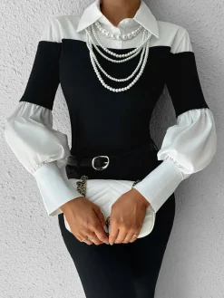 COMMENSE Color Block Skinny Lapel Top* T-shirts|Tops