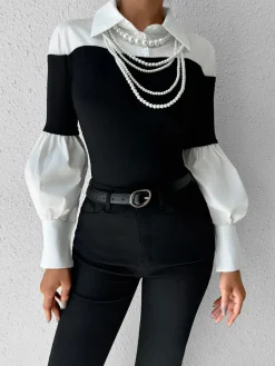COMMENSE Color Block Skinny Lapel Top* T-shirts|Tops