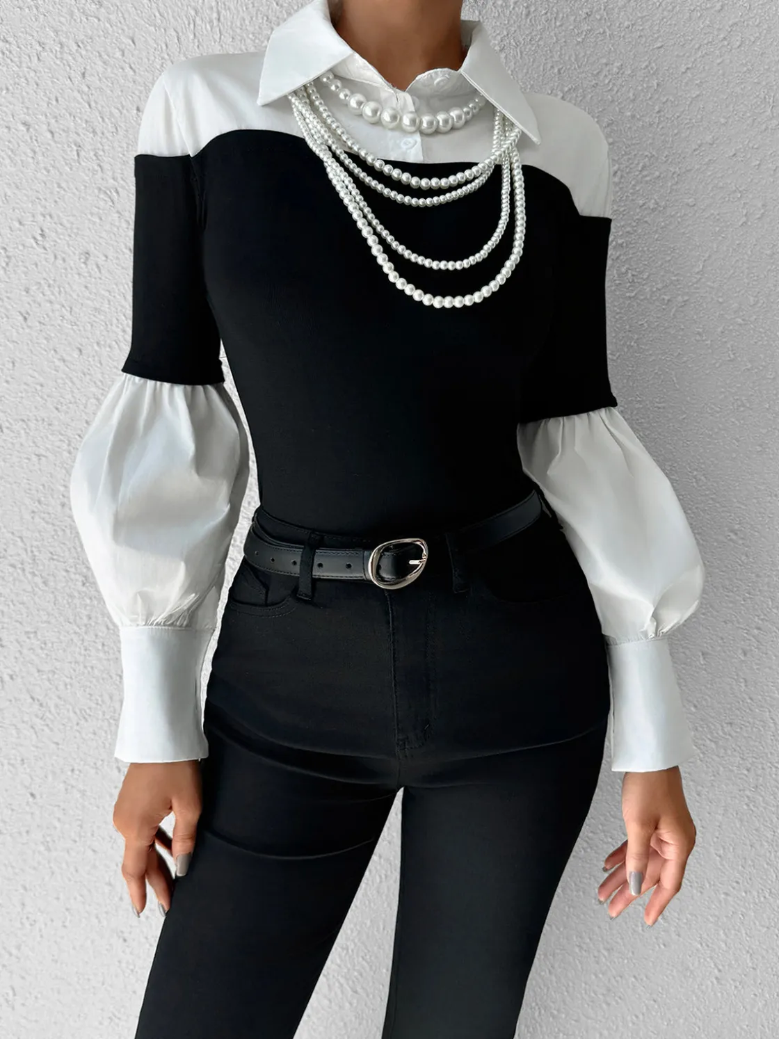 COMMENSE Color Block Skinny Lapel Top* T-shirts|Tops