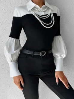 COMMENSE Color Block Skinny Lapel Top* T-shirts|Tops