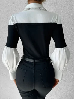 COMMENSE Color Block Skinny Lapel Top* T-shirts|Tops