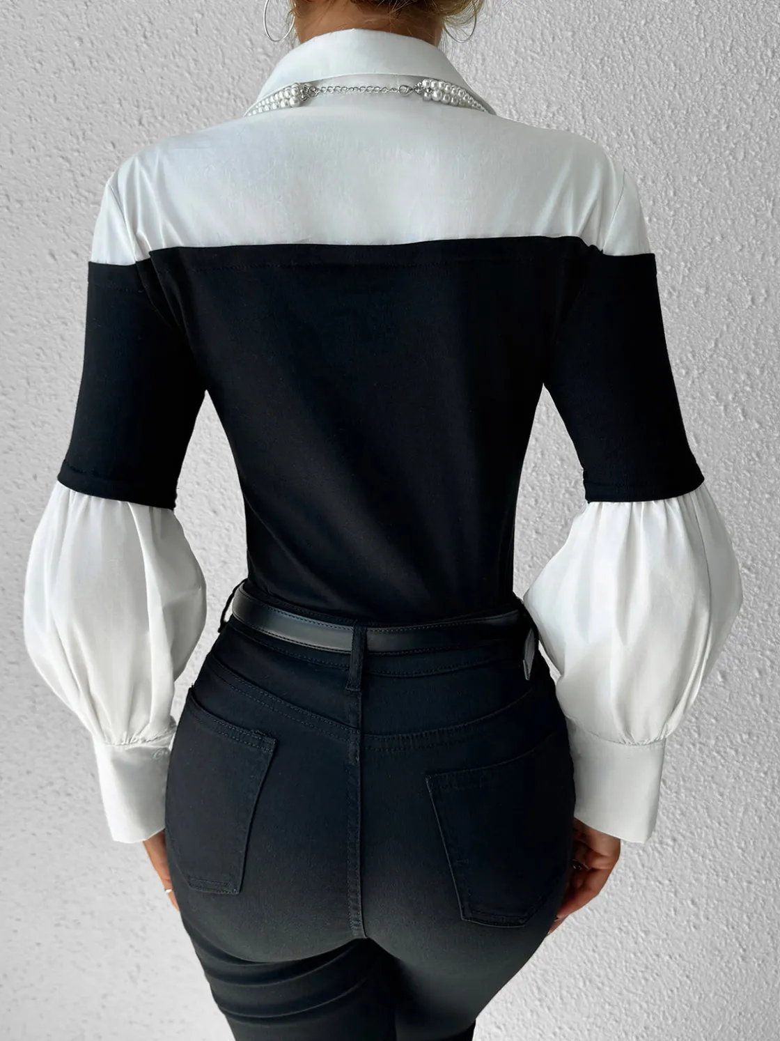 COMMENSE Color Block Skinny Lapel Top* T-shirts|Tops