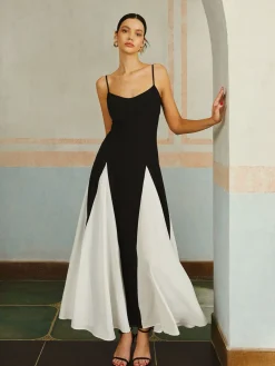 COMMENSE Color Block Spaghetti Strap Long Dress* Black Dresses|Casual Dresses