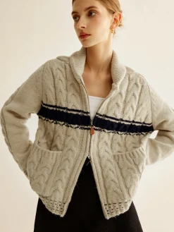 COMMENSE Color Block Twist Zipper Knit Outerwear* Sweater Tops|Outerwear