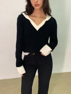 COMMENSE Color Block V-Neck Twist Sweater* Sweater Tops|Sweaters & Cardigans