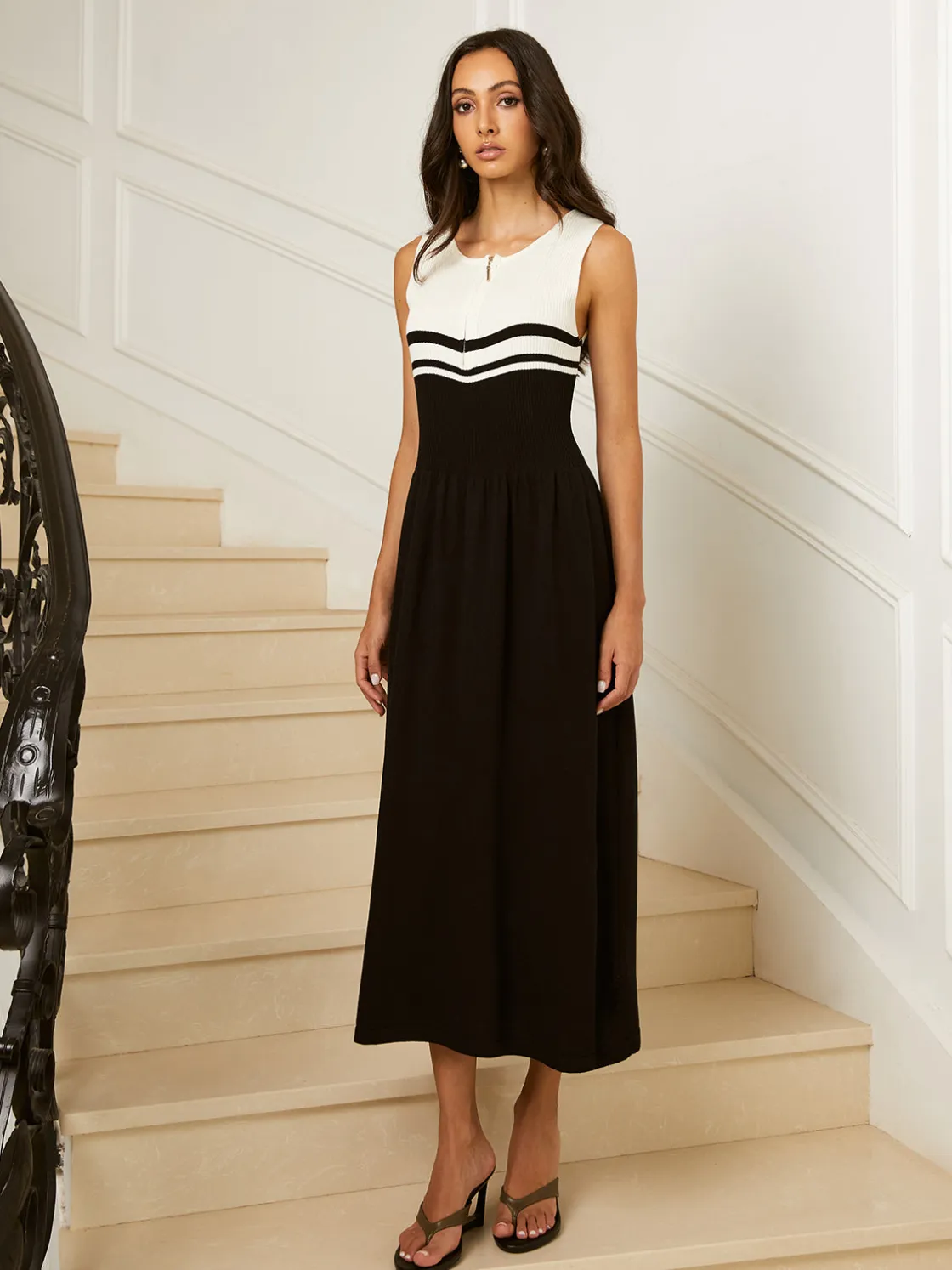 COMMENSE Colorblock Zip Front Sweater Dress* White Dresses|Sweater Dresses