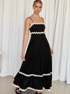 COMMENSE Contast Trim Cami Long Dress* Black Dresses|Work Dresses