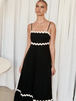 COMMENSE Contast Trim Cami Long Dress* Black Dresses|Work Dresses