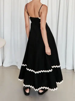COMMENSE Contast Trim Cami Long Dress* Black Dresses|Work Dresses