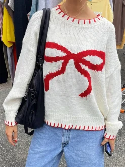 COMMENSE Contrast Binding Bow Sweater* Sweater Tops|Sweaters & Cardigans